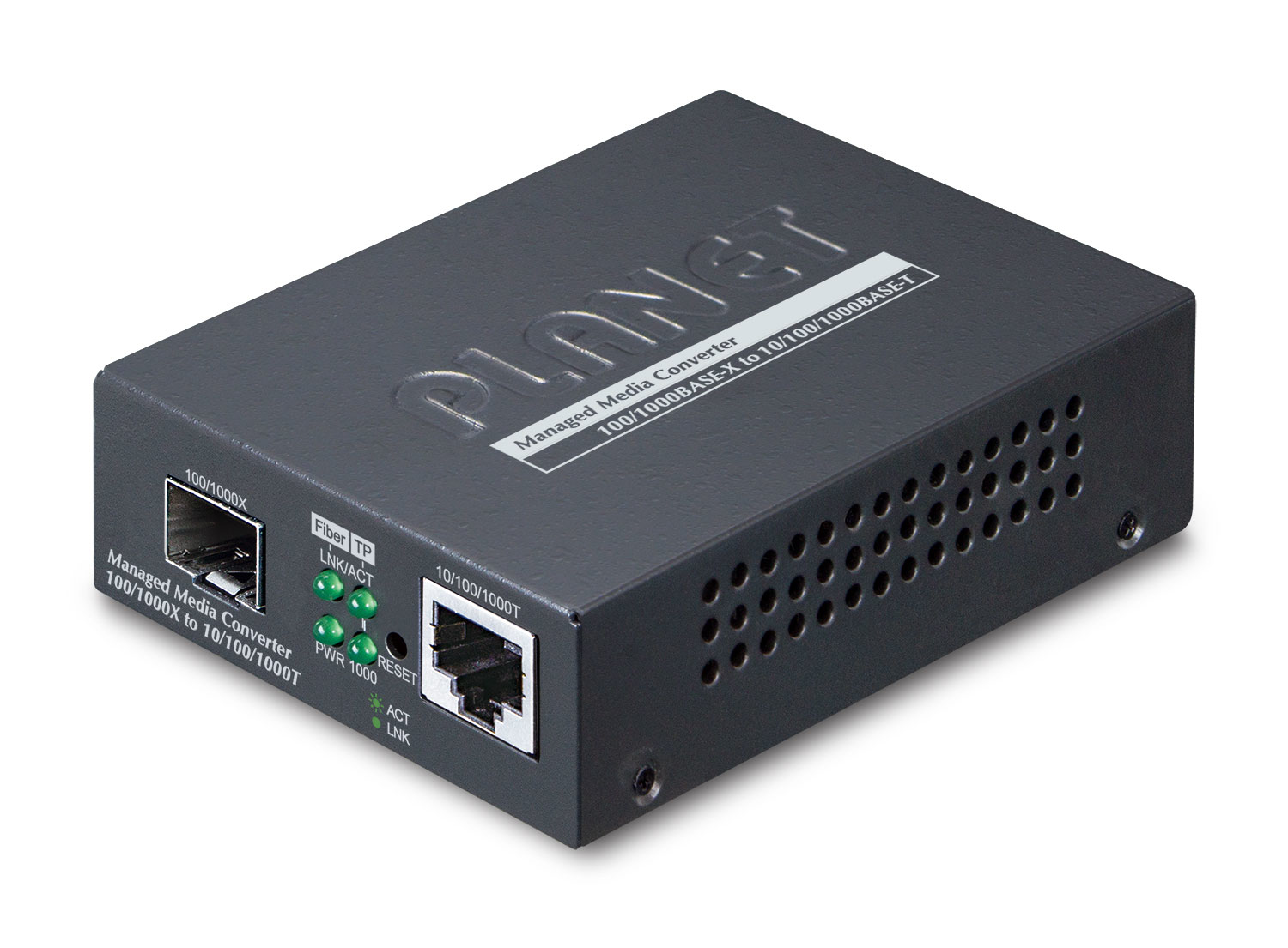 Planet GT-915A Medienkonverter, 1GbE, 10/100/1000Base-T zu 100/1000Base-X, RJ-45/SFP, Web-Management, Schwarz