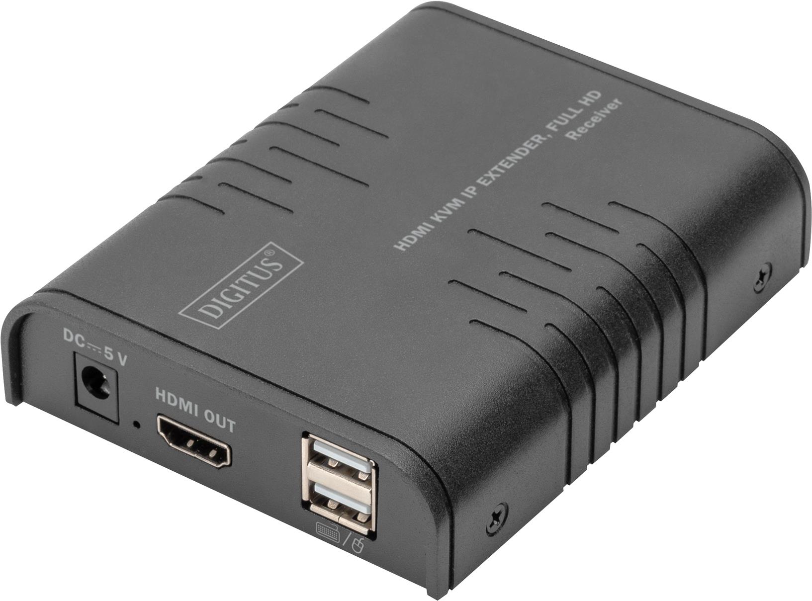Digitus HDMI KVM IP Extender Receiver, Full HD. Typ: Receiver, Übertragungstechnik: Kabelgebunden, Maximal mögliche Übertragungsstrecke: 120 m. Empfänger lokaler Video-Anschlusstyp: HDMI, Empfänger lokale Tastatur/Maus-Anschlusstyp: USB. Eingangsstrom: 1 A, Stromverbrauch (Empfänger) (max.): 3,5 W, DC-Spannung: 5 V. Breite des Empfängers: 9 cm, Tiefe des Empfängers: 11 cm, Höhe des Empfängers: 2,7 cm. Verpackungsbreite: 117 mm, Verpackungstiefe: 150 mm, Verpackungshöhe: 77 mm (DS-55530)