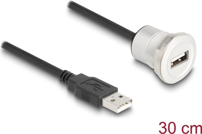 Delock USB 2.0 Typ-A Einbaubuchse mit Kabelpeitsche Stecker 30 cm Aluminium (88181)