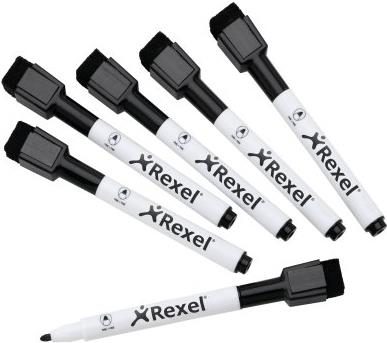 Rexel Whiteboard-Marker, schwarz, 6er Set trocken abwischbar, magnethaftend, Radierer im Deckel (2104184)