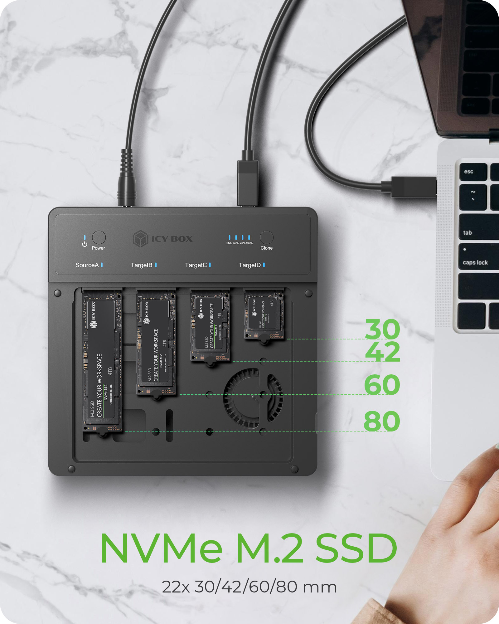 ICY BOX CloneStation IB-4013MCL-C4 Dockingstation SSD-Duplikator M.2 NVMe USB 4 Schwarz