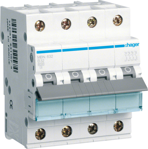 Hager MBN632. Nennstrom: 32 A. Typ: B-type, Module Menge (max): 4 Modul(e). Breite: 70 mm, Tiefe: 70 mm, Höhe: 83 mm (MBN632)