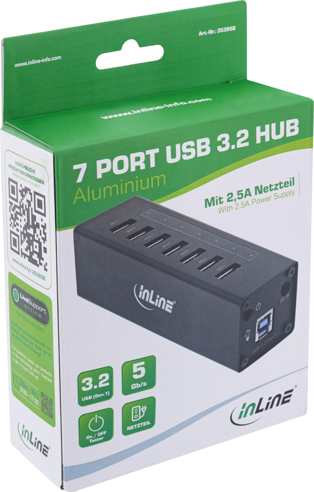 InLine 35395B USB 3.2 Gen 1 Hub 7 Port Aluminium Schwarz