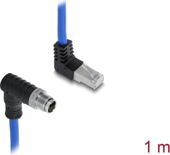 Delock M12 Kabel X-kodiert 8 Pin Stecker nach unten gewinkelt zu RJ45 Stecker nach oben gewinkelt S/FTP geschirmt 1 m blau (81011)
