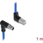 Delock M12 Kabel X-kodiert 8 Pin Stecker nach unten gewinkelt zu RJ45 Stecker nach oben gewinkelt S/FTP geschirmt 1 m blau (81011)
