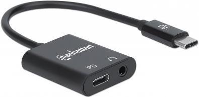 MANHATTAN USB-C auf Klinke Audioadapter mit Power Delivery-Ladeport USB-C Stecker auf 3,5 mm Audioport und USB-C Power Delivery (PD)-Port, schwarz (153355)