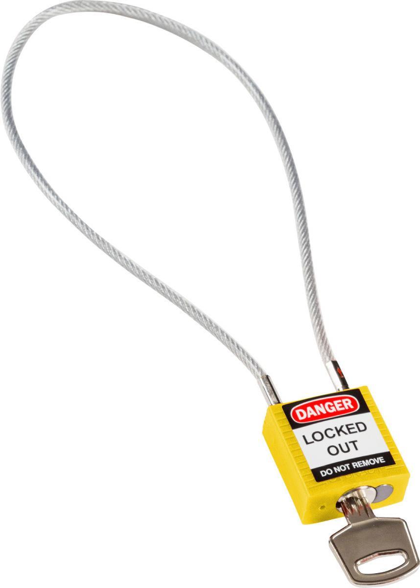 Brady, kompaktes Sicherheitsschloss Nylon mit Kabelbügel, Gelb, 400mm Kabellänge, 4,7mm PVC-beschichtetes Kabel (Keyed Different) (1er Pack) (146125)