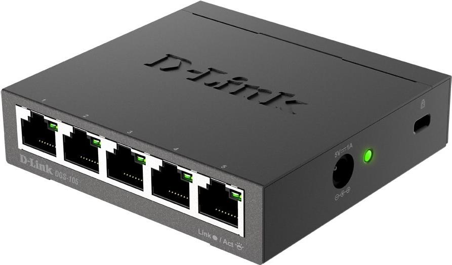 D-Link DGS-105 Gigabit Ethernet Switch 5-Port 10/100/1000 Desktop Schwarz