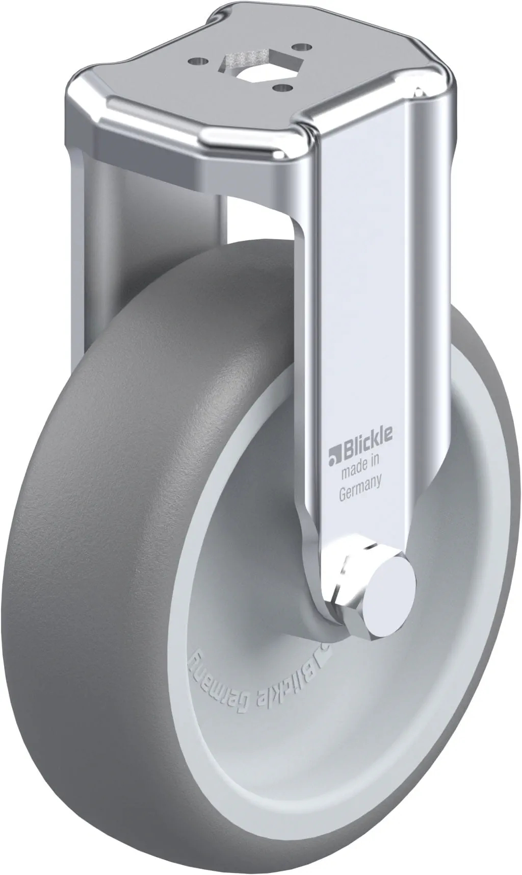 Blickle BKRA-TPA 101G Bockrolle mit 13 mm Rückenloch, TPE-Gummi-Laufbelag, Polypropylen-Radkörper, Ø 100 mm, Höhe 133 mm, Silber/Grau