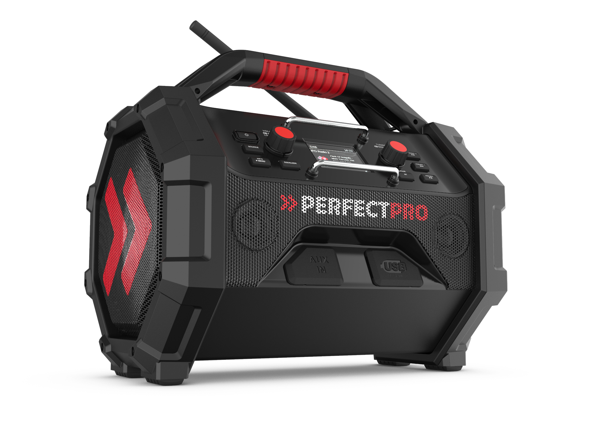 PerfectPro Rocktagon OCT-18V Baustellenradio DAB+ FM Bluetooth 30W IP65 Schwarz Rot