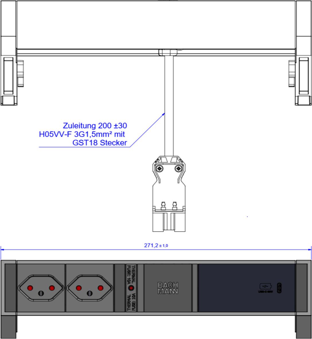 Bachmann DESK2 Steckdosenleiste Farbe schwarz, ähnlich RAL9005 mit erhöhtem Berührungsschutz 2xCH T13 Steckdosen Schweiz, schwarz 1x Thermosicherung 10A 1xUSB C 60W Charger Zuleitung 0,2m H05VV-F3G1,5mm² schwarz mit GST18i3 Stecker inkl. Haltewinkel Logo (902.970)