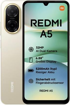 Xiaomi Redmi A5 Dual Sim 128GB, 4GB RAM, Sandy Gold (MZB0JTPEU)