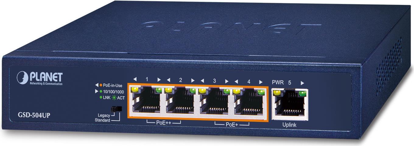 PLANET 2 Port 10 100 1000T 802.3bt Power over Ethernet (PoE) (GSD 504UP)  - Onlineshop JACOB Elektronik
