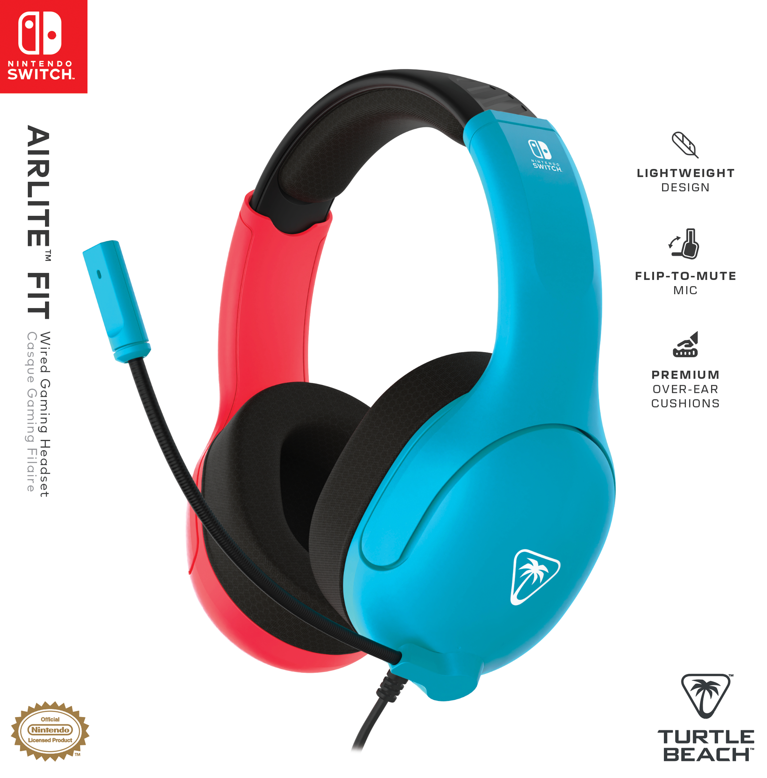 Turtle Beach Airlite Fit Kabelgebundener Gaming-Kopfhörer mit Boom-Mikrofon Schwarz, Blau, Rot