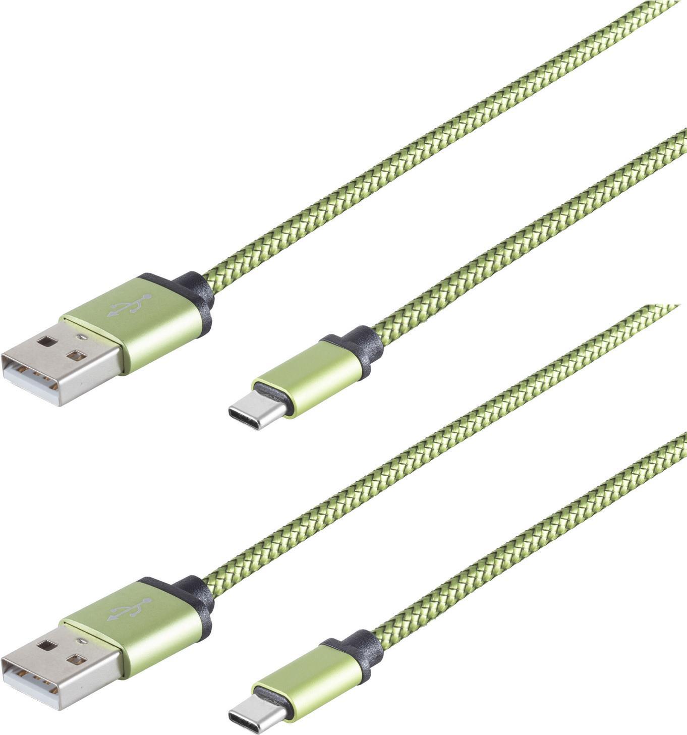 S/CONN maximum connectivity 2x USB Ladekabel, USB-A-Stecker auf USB Typ C Stecker, Nylon, grün, 0,9m (14-50119-2)