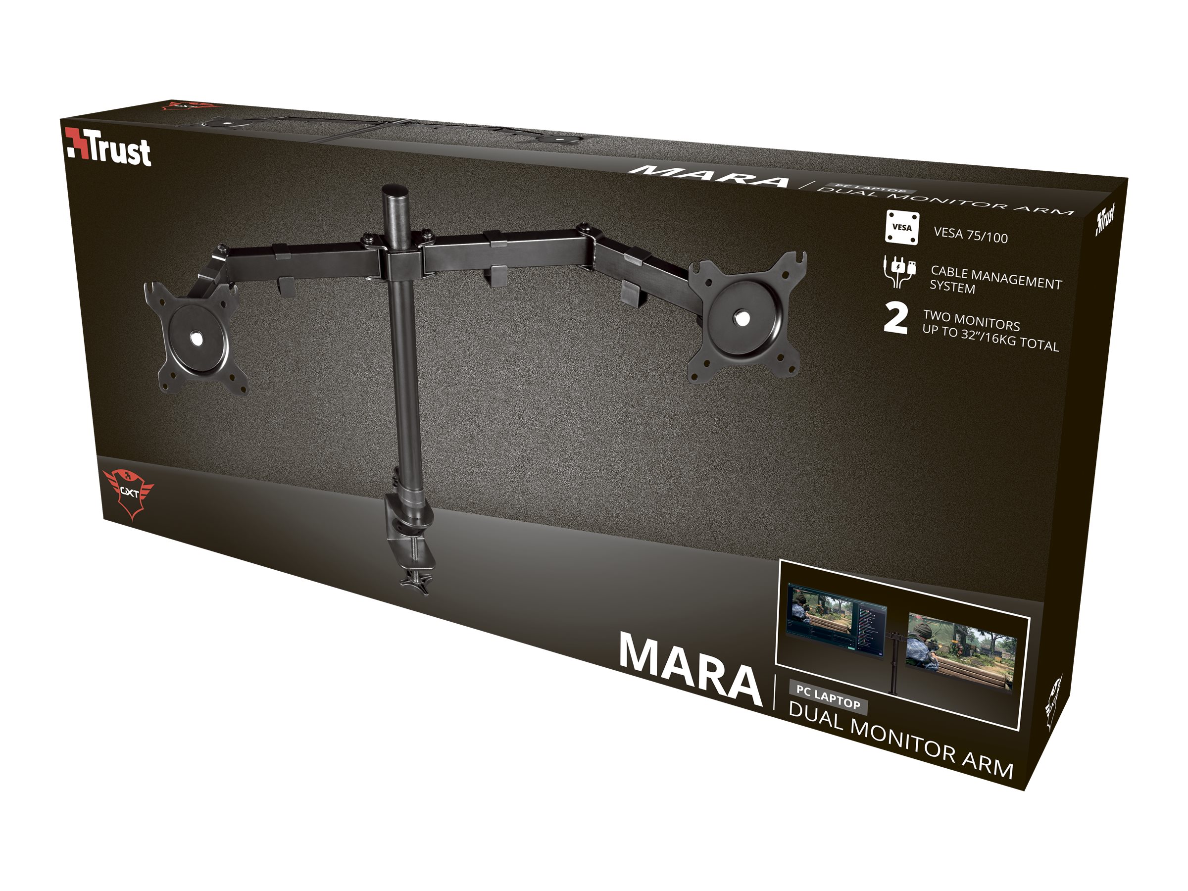 Trust GXT 1120 Mara Dual Monitorarm 2x bis 32" 2x 8 kg VESA 75/100 Schwarz