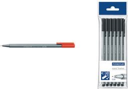 STAEDTLER Fineliner triplus, schwarz, 6 Stück im Polybeutel dreieckig, metallgefasste Spitze, DRY SAFE, auswaschbar, - 1 Stück (334-9 PB6)