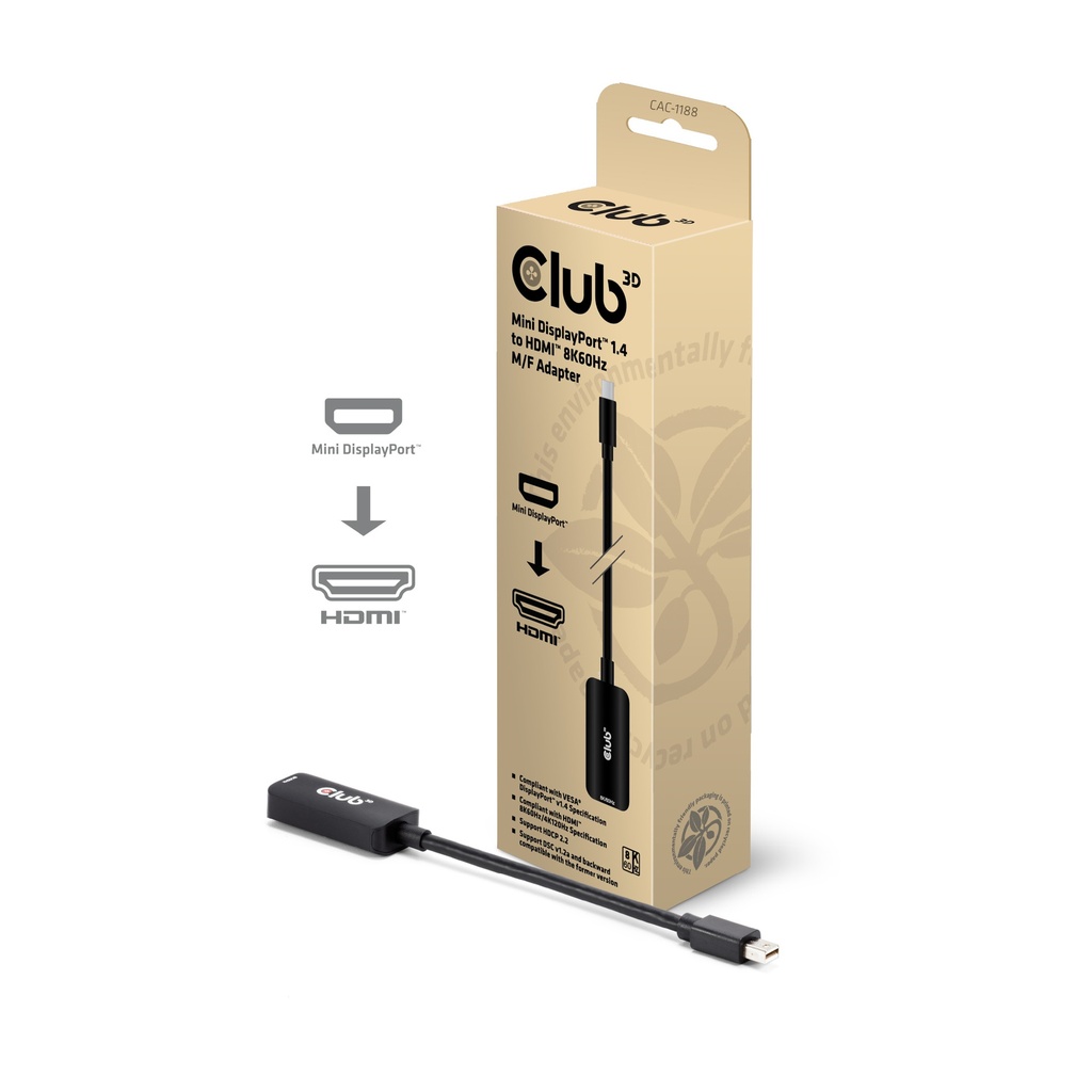 Club 3D CAC-1188 Mini DisplayPort 1.4 auf HDMI Adapter aktiv 8K 60 Hz Schwarz