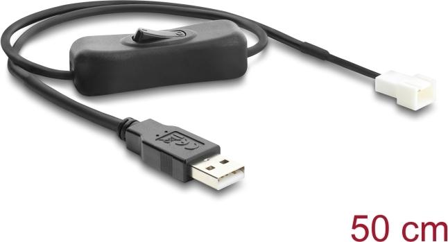 Delock Lüfterkabel USB 2.0 Typ-A Stecker zu 3 Pin (2 Pins belegt) Lüfteranschluss-Stecker mit Schalter 50 cm (91232)