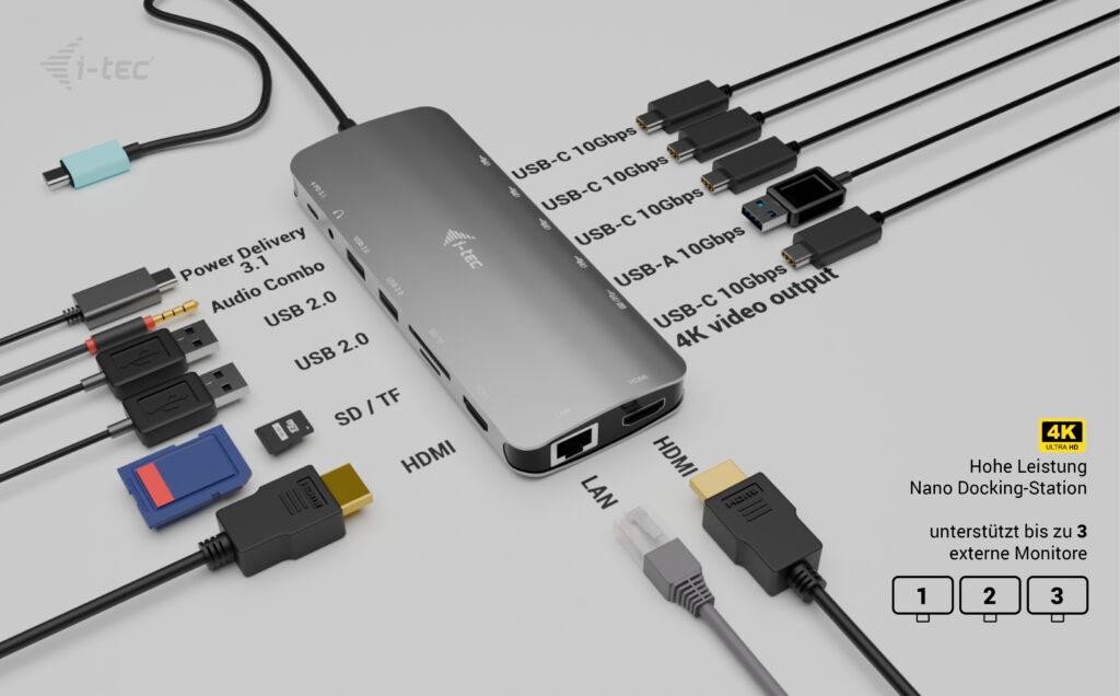 i-tec Nano Dock Dockingstation 2x HDMI USB-C 140 W Grau