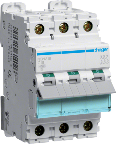 Hager NCN316. Anzahl der Pole: 3P. AC Eingangsfrequenz: 50/60 Hz, Nominale Stromabgabe: 16 A (NCN316)