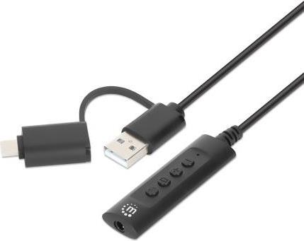MANHATTAN 2-in-1 Audioadapterkabel USB-C & USB-A auf Aux / 3,5 mm Klinke USB Typ C und Typ A-Stecker auf 3,5 mm Buchse, unterstützt Mikrofon- und Audiofunktion eines Headsets, CTIA-Standard, Bedienelemente für Lautstärke und Stummschaltung, 1 m Kabel, schwarz (153560)