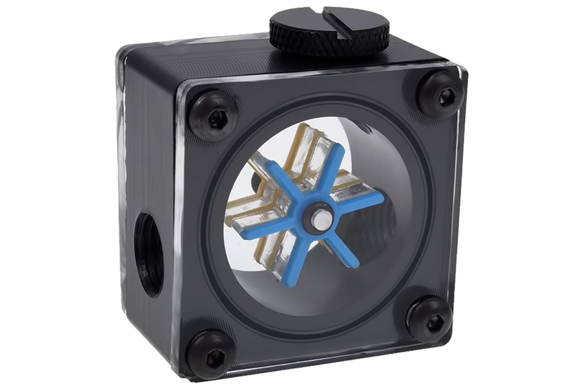 Alphacool Eisflügel Durchflussanzeiger G1/4 Eckig Acetal Schwarz/Blau/Gelb/Durchsichtig