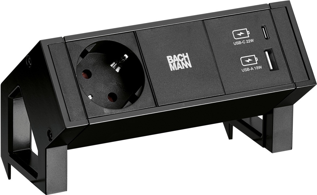 Bachmann DESK2 1x CEE7/3 USB A/C Charger Black (902.9109)