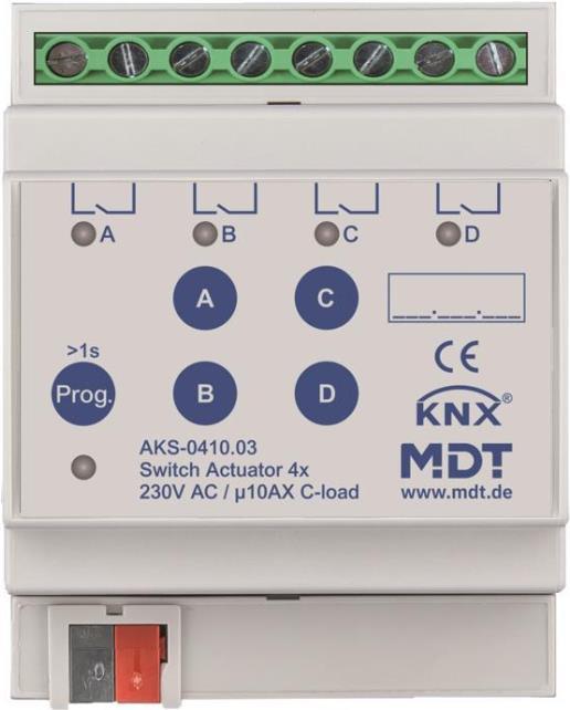 MDT AKS-0410.03 Schaltaktor 4fach 4TE REG 10A 230VAC C-Last Standard 140ÂµF (AKS-0410.03)