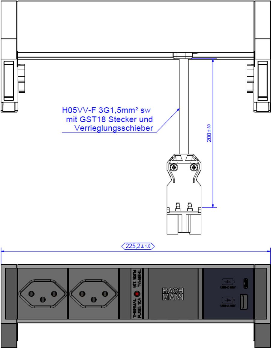 Bachmann DESK2 Steckdosenleiste Farbe weiss, ähnlich RAL9010 mit erhöhtem Berührungsschutz 2xCH T13 Steckdosen Schweiz, schwarz inkl. Thermosicherung 1xUSB A&C 22W Charger Zuleitung 0,2m H05VV-F3G1,5mm² schwarz mit GST18i3 Stecker inkl. Haltewinkel Logo v (902.938)