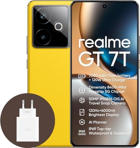 Realme GT 7T Smartphone 5G 12+512 GB, Dimensity 8400-MAX Chipsatz, 7000-mAh-Titan-Akku, 6,78" 1,5K 120Hz Display, AI Travel Snap Kamera, IP69, IceSense Gelb (631002003751)