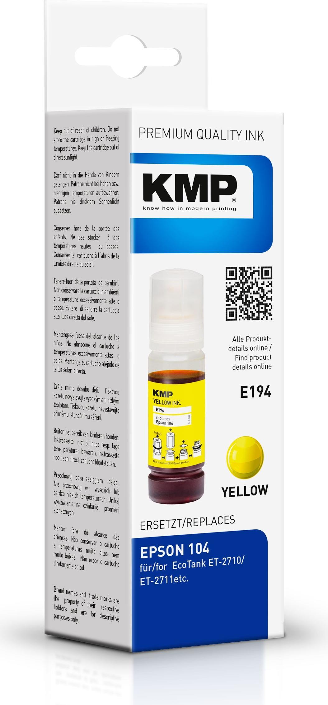 KMP Nachfülltinte ersetzt Epson 104, 104 EcoTank, T00P4, C13T00P440 Kompatibel Gelb 1648,0009 (1648,0009)