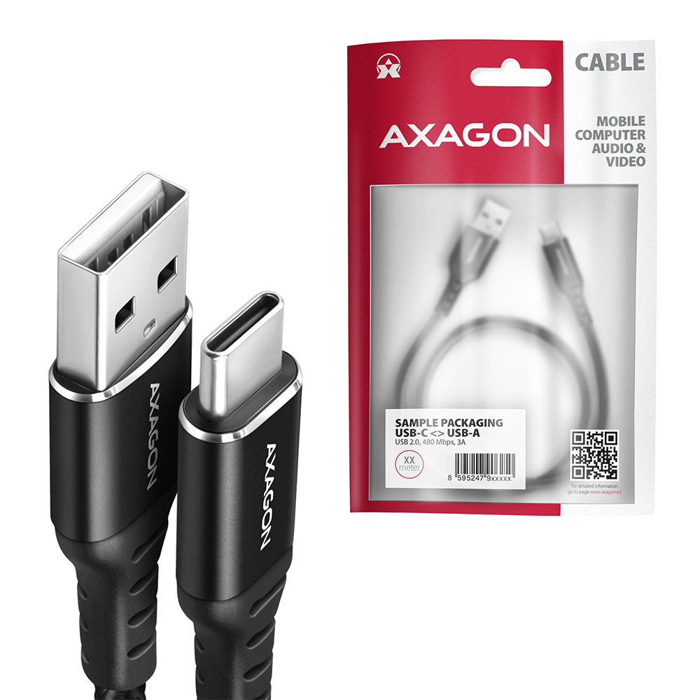 AXAGON BUCM-AM20AB USB-C auf USB-A Kabel, 2 m, USB 2.0, 3 A, USB PD 60 W, Schwarz