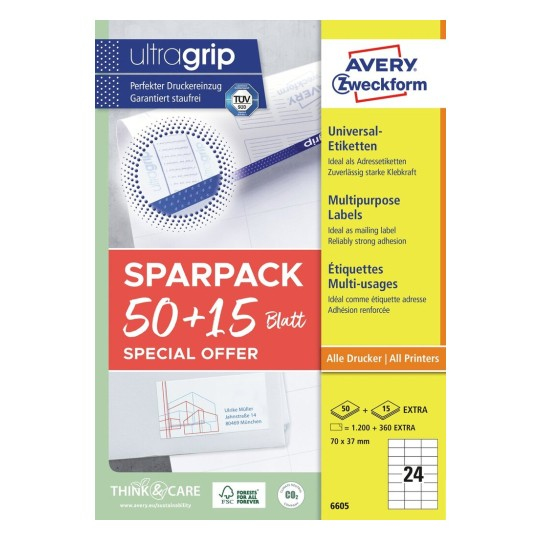 Avery Zweckform 6605 Universal-Etiketten 70 x 37 mm 65 Blatt Weiß