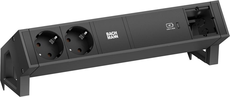 Bachmann DESK2 Steckdosenleiste Farbe schwarz, ähnlich RAL9005 mit erhöhtem Berührungsschutz 2xSchutzkontaktsteckdosen schwarz 1xUSB C 60W Charger 1xCustom Modul leer Zuleitung 0,2m H05VV-F3G1,5mm² schwarz mit GST18i3 Stecker inkl. Haltewinkel Logo verpac (902.967)