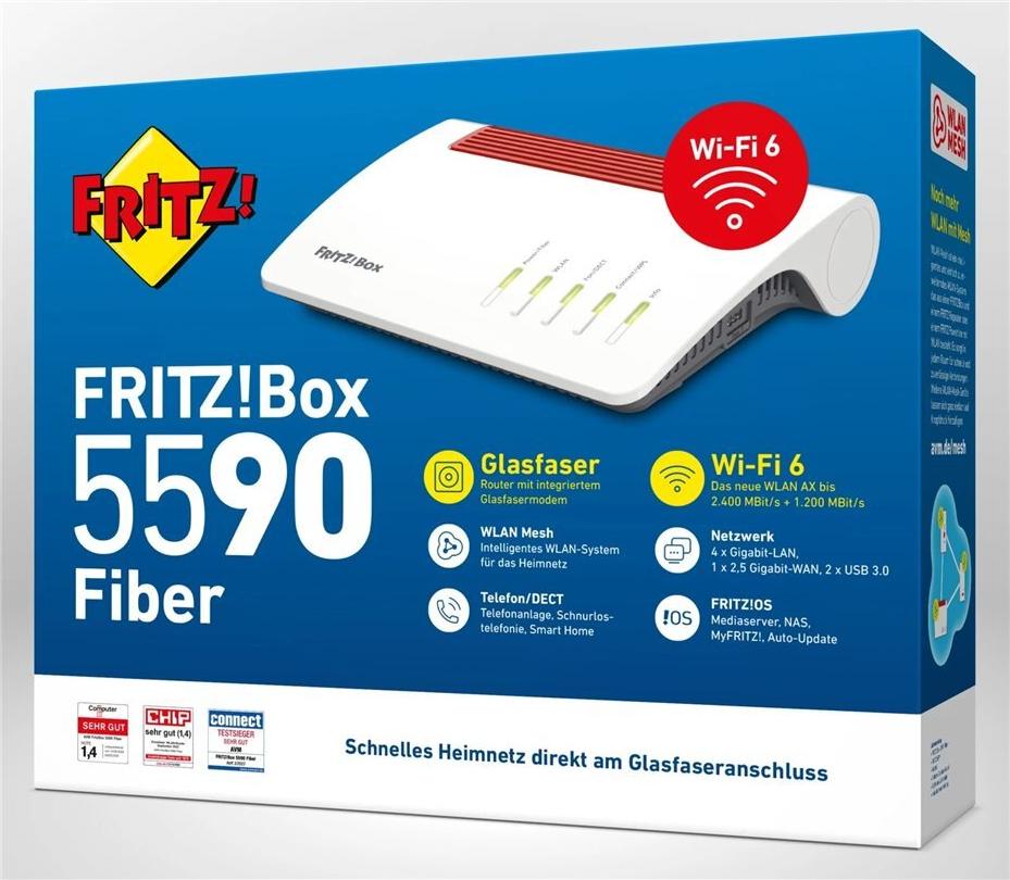 FRITZ! FRITZ!Box 5590 Fiber WLAN-Router Wi-Fi 6 3600 Mbit/s GPON Dual-Band Weiß, Rot