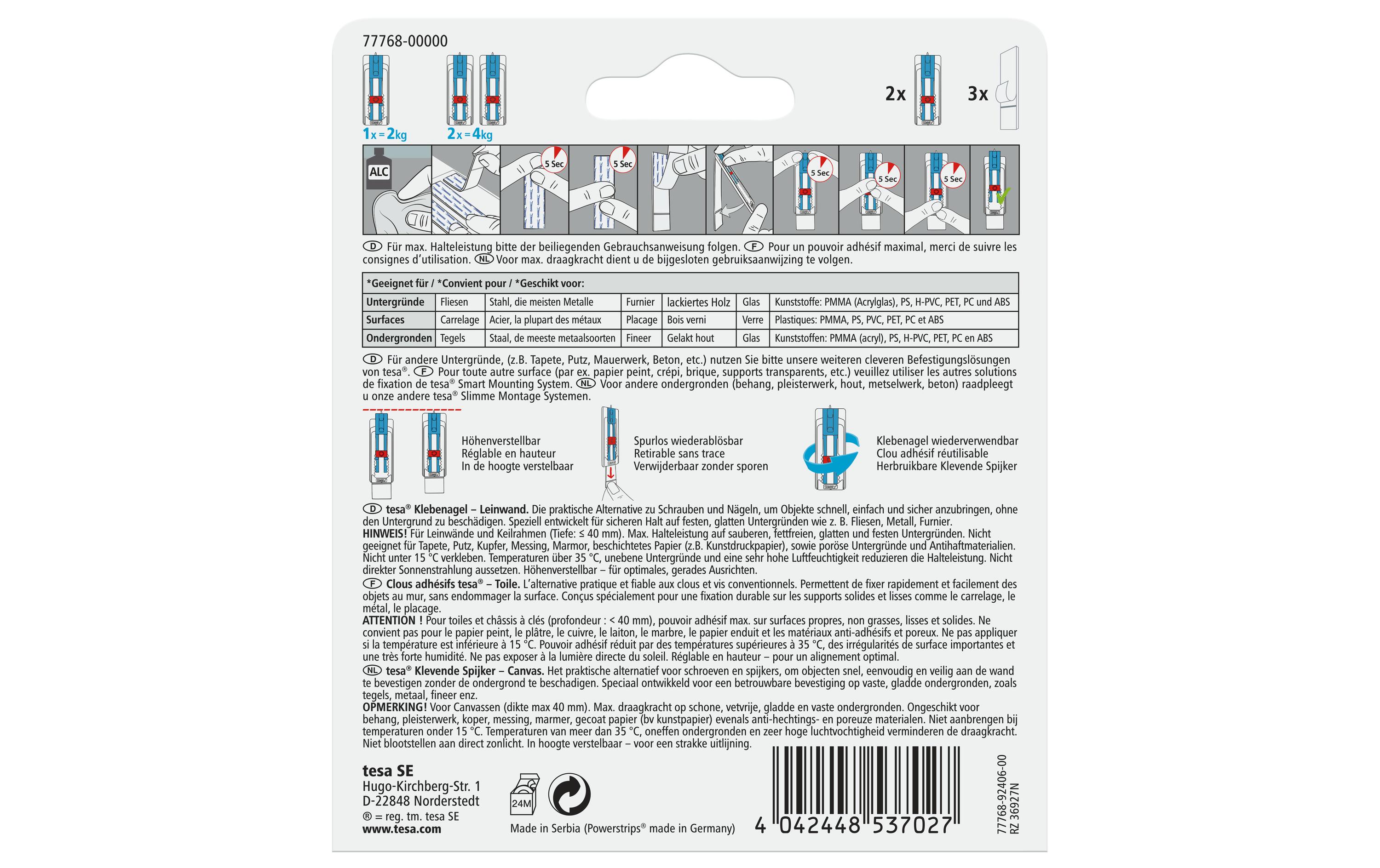 tesa Powerstrips Klebenagel für Fliesen & Metall 2 kg, höhenverstellbar, Blau/Weiß