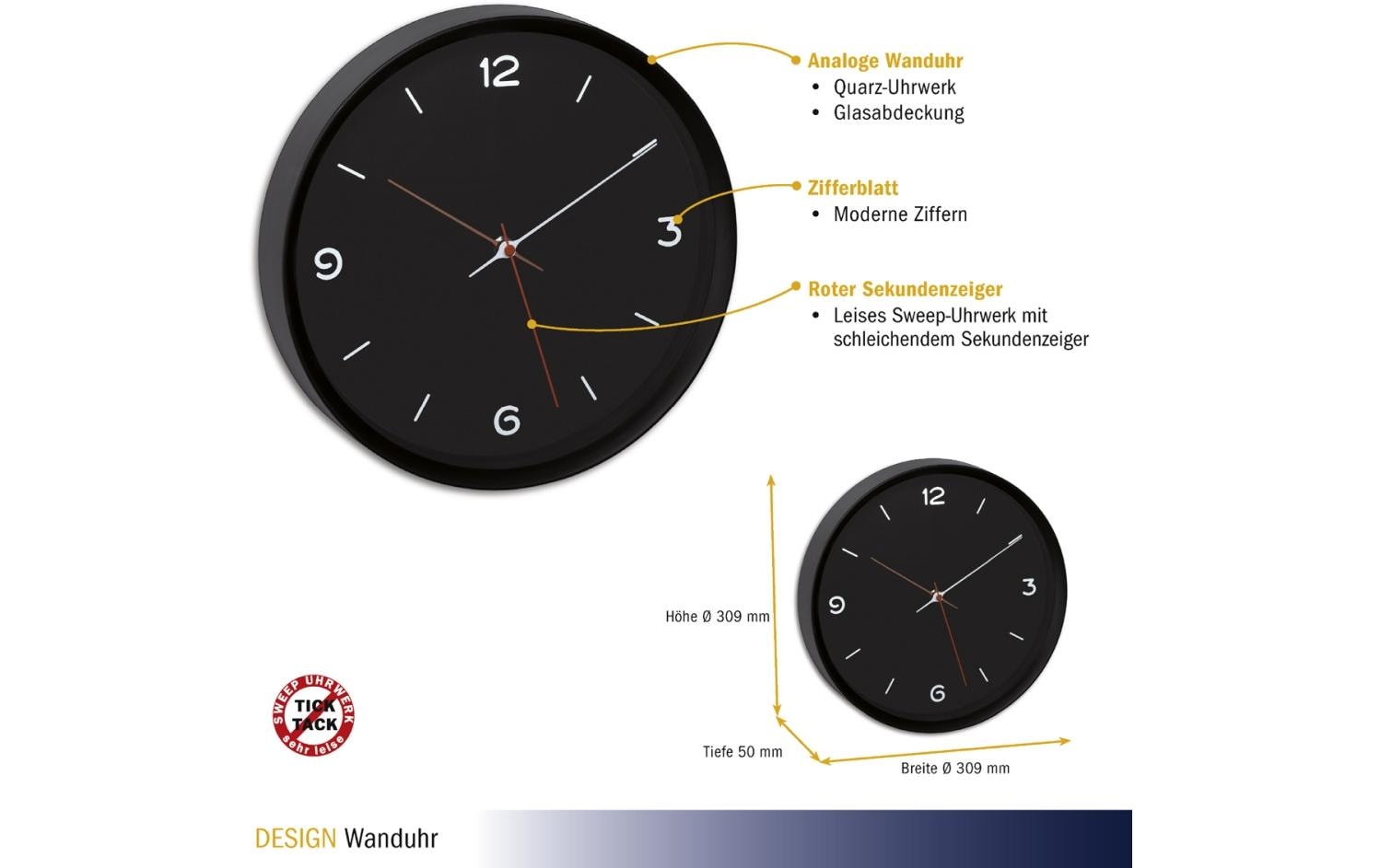 TFA Dostmann Wanduhr 60.3056.01 Analog 30,9 cm Schwarz