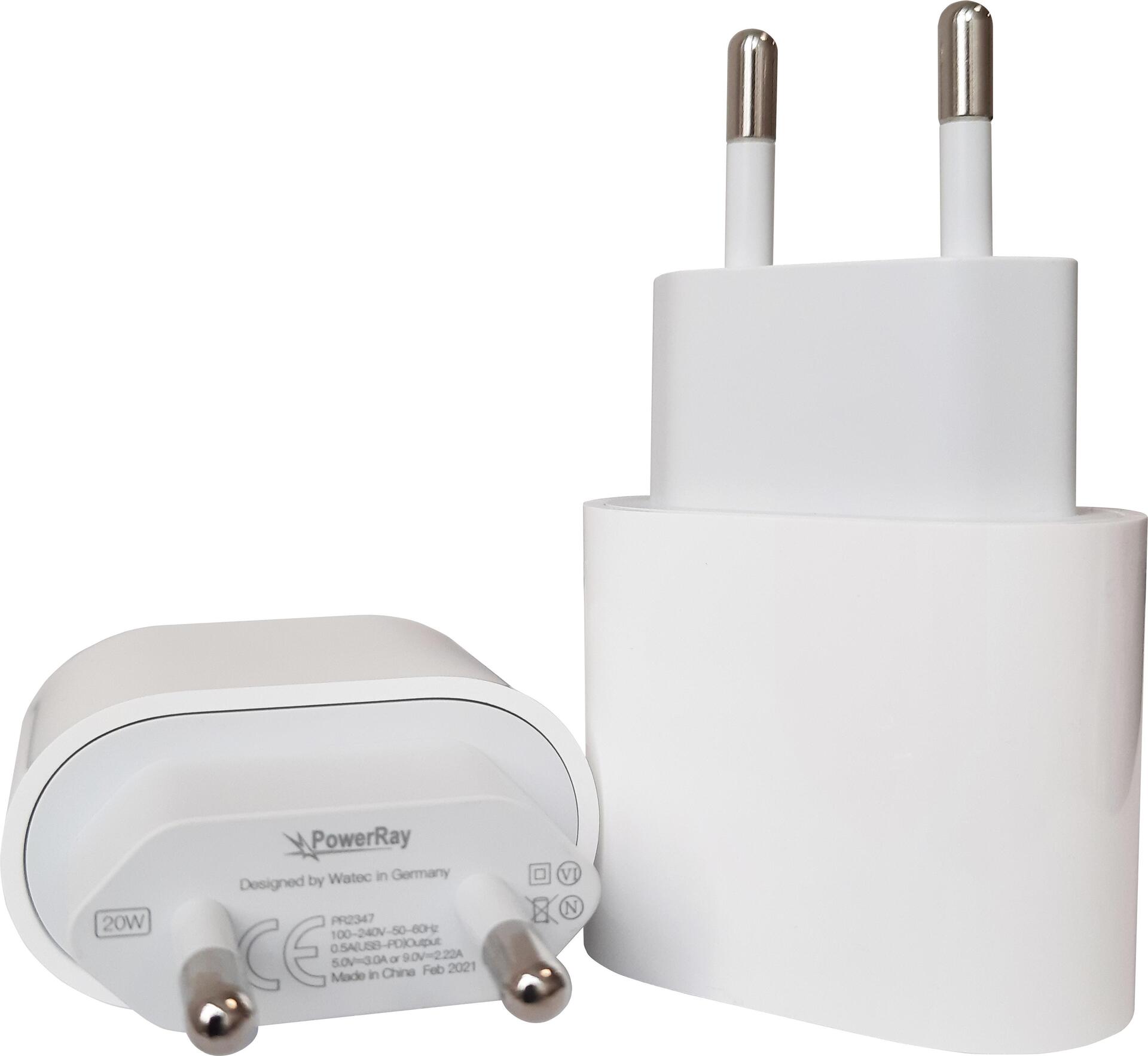PowerRay Charger PRMHJE3, PR2347 for iPhone, EU Spec 2 Pin with CE USB C, 20 W, 3A, white, Blister (PRMHJE3)