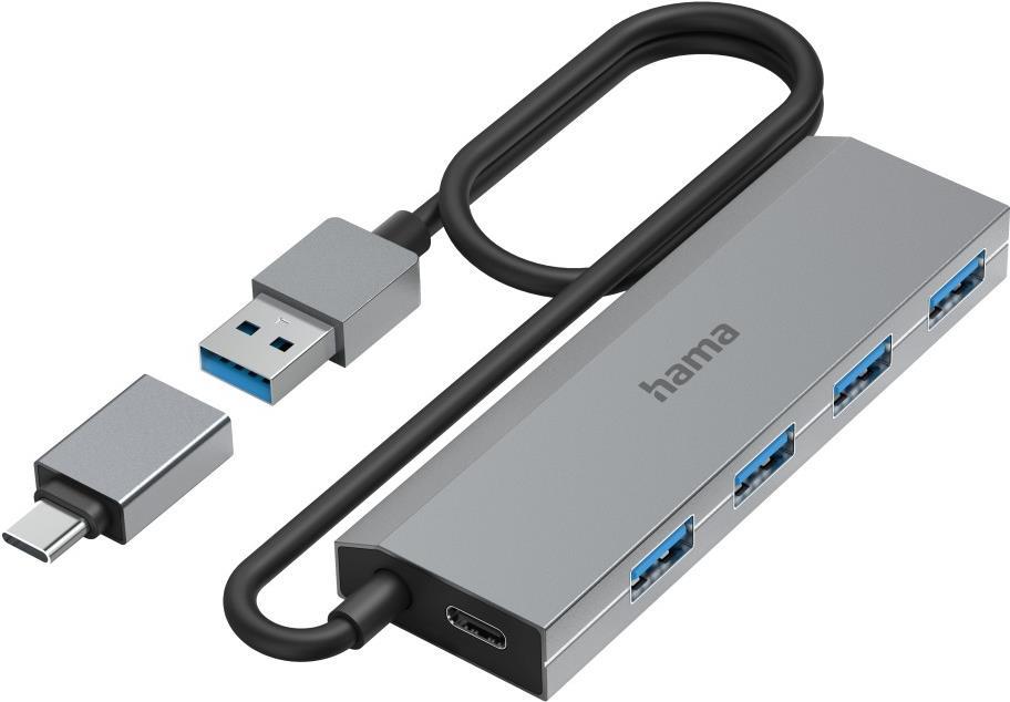 Hama USB-Hub, 4 Ports, USB 3.2 Gen1, 5 Gbit/s, inkl. USB-C-Adapter und Netzteil (00200138)
