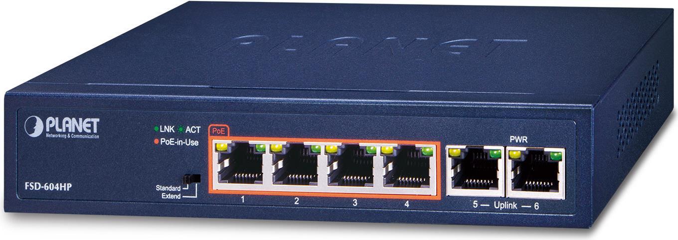 PLANET 4-Port 10/100TX 802.3at POE + Unmanaged Fast Ethernet (10/100) Power over Ethernet (PoE) Blau (FSD-604HP-SD)