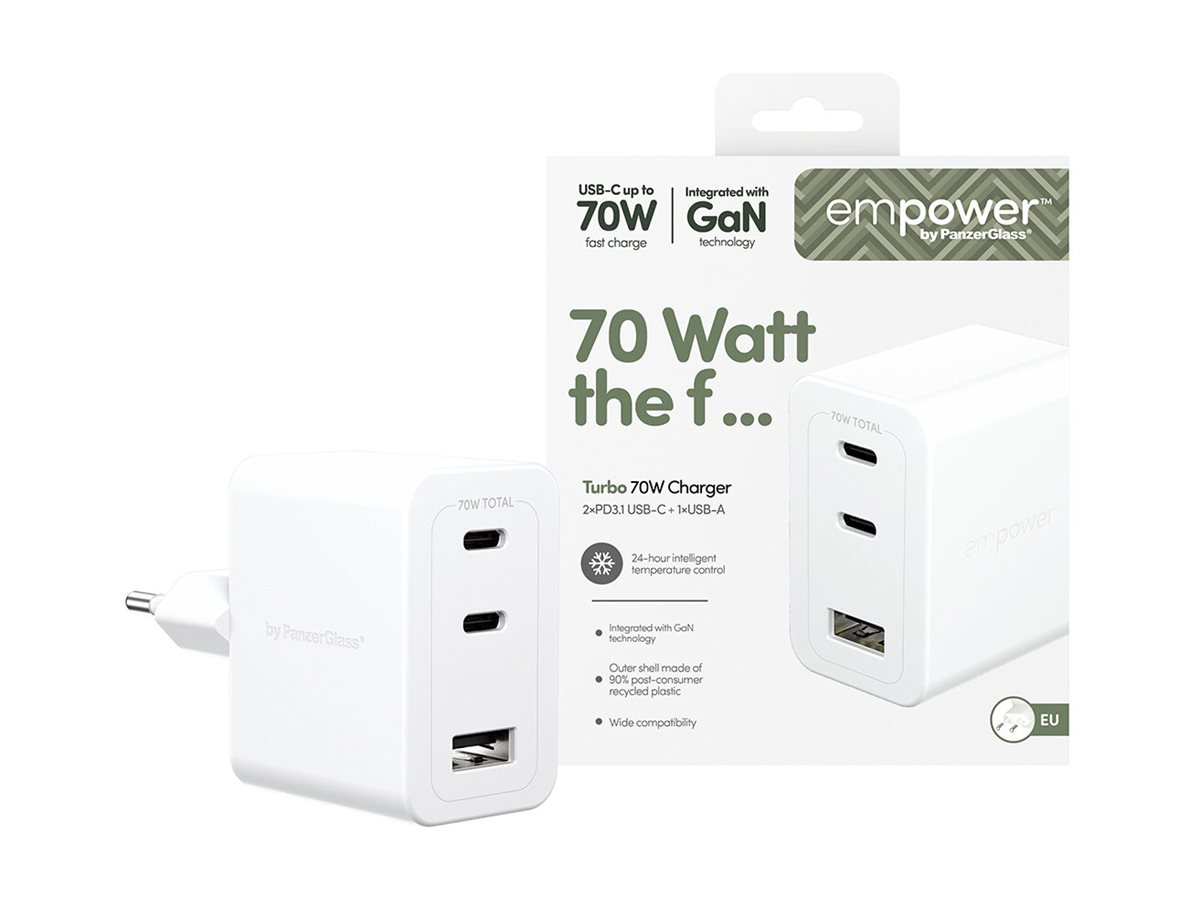 PanzerGlass empower Turbo 70W Netzteil 2x USB-C + USB-A Power Delivery 3.1 Silver White