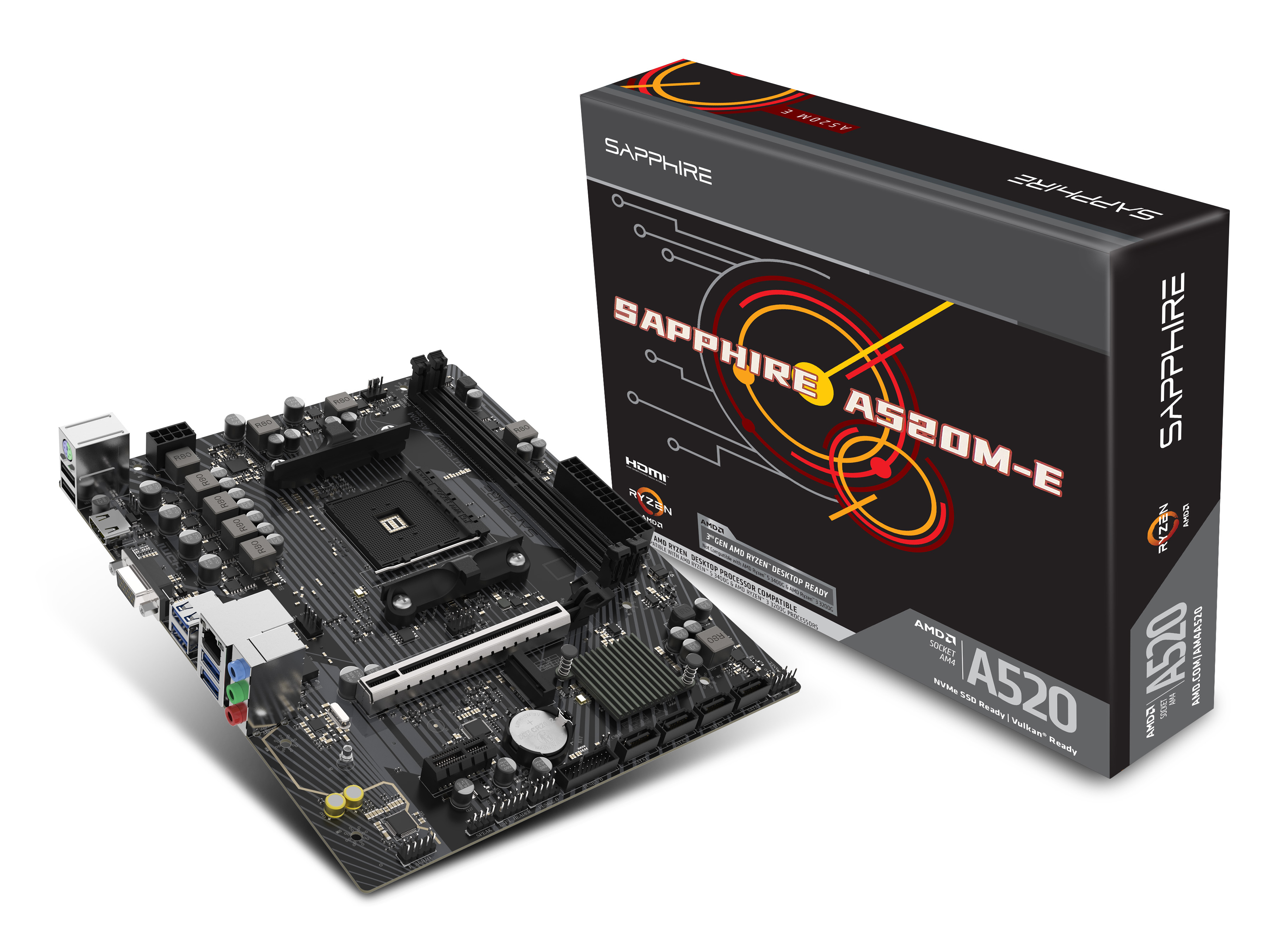 Sapphire A520M-E Mainboard Micro ATX Socket AM4 AMD A520 Schwarz