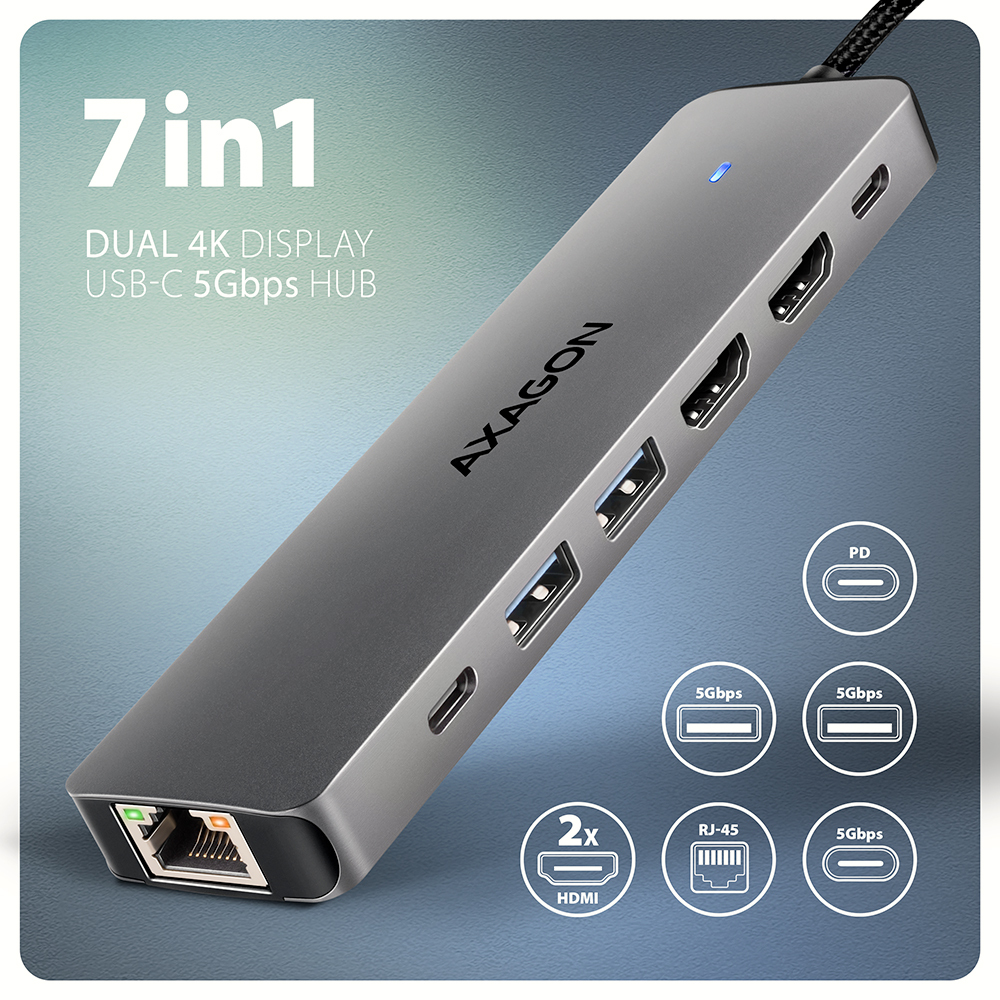 AXAGON HMC-7HX2 Dockingstation USB-C 3.2 Gen 1 2x HDMI 100W Grau