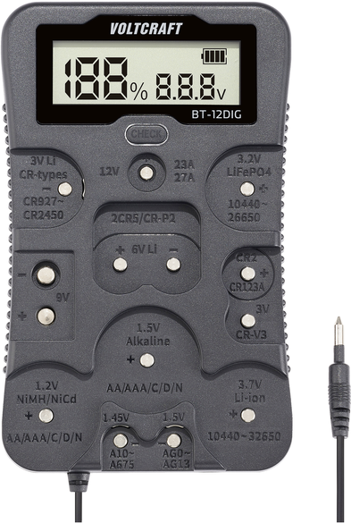 VOLTCRAFT Batterietester BT-12DIG Messbereich (Batterietester) 1,2 V, 1,5 V, 3 V, 3,7 V, 6 V, 9 V, 12 V Batterie, Akku VC-14340820 (VC-14340820)