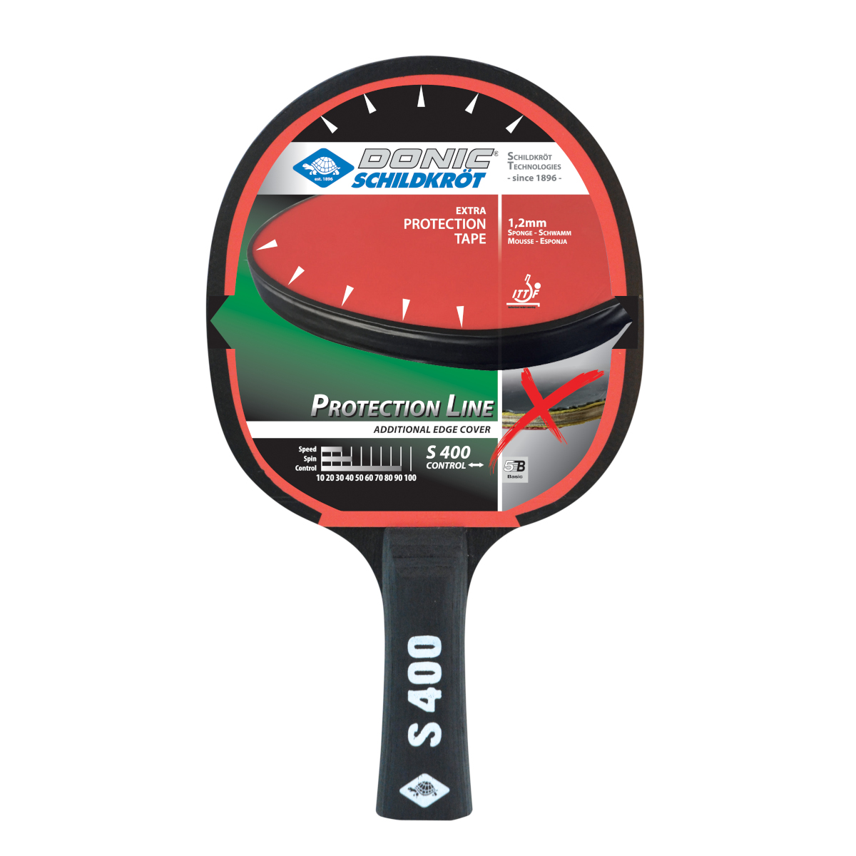 DONIC SCHILDKRÖT Tischtennisschläger "Protection Line S400" Lernschläger, Farbe: schwarz/rot, Jade Belag (glatter Belag - 1 Stück (703055)