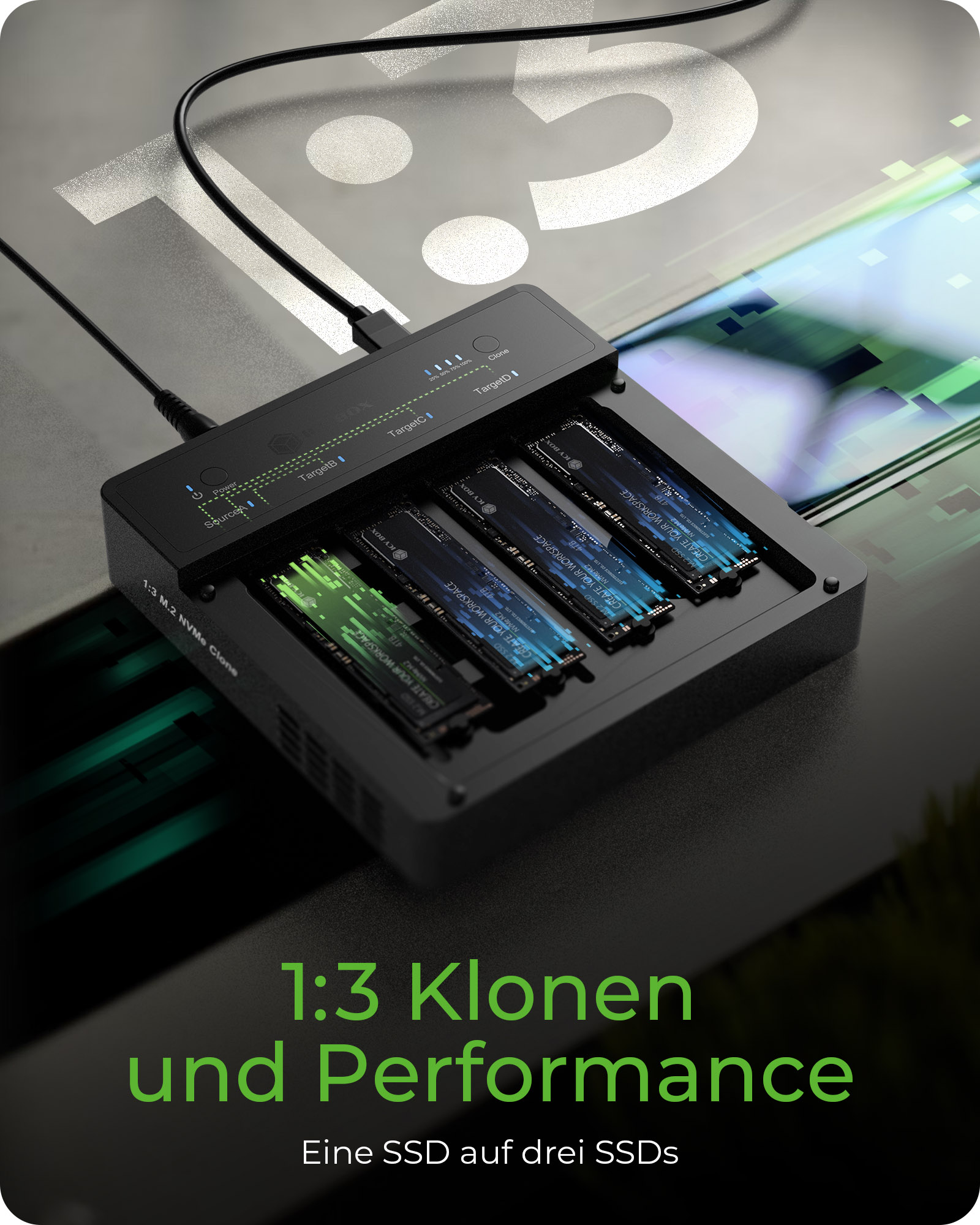 ICY BOX CloneStation IB-4013MCL-C4 Dockingstation SSD-Duplikator M.2 NVMe USB 4 Schwarz