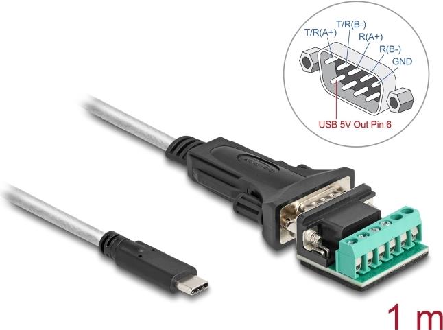 Delock Adapter USB Type-C zu 1 x Seriell RS-422/485 Stecker mit 6 Pin Terminalblock 5 V 1 (64269)