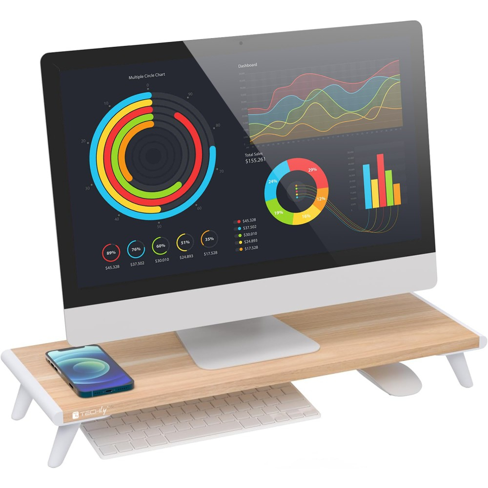 TECHly Monitorständer ICA-MS-389 Ergonomisch 54,5 cm Naturholz Beige/Weiß