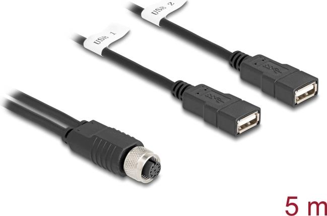 Delock M12 Kabel A-kodiert 8 Pin Buchse zu 2 x USB 2.0 Typ-A Buchse 5 m schwarz (60652)